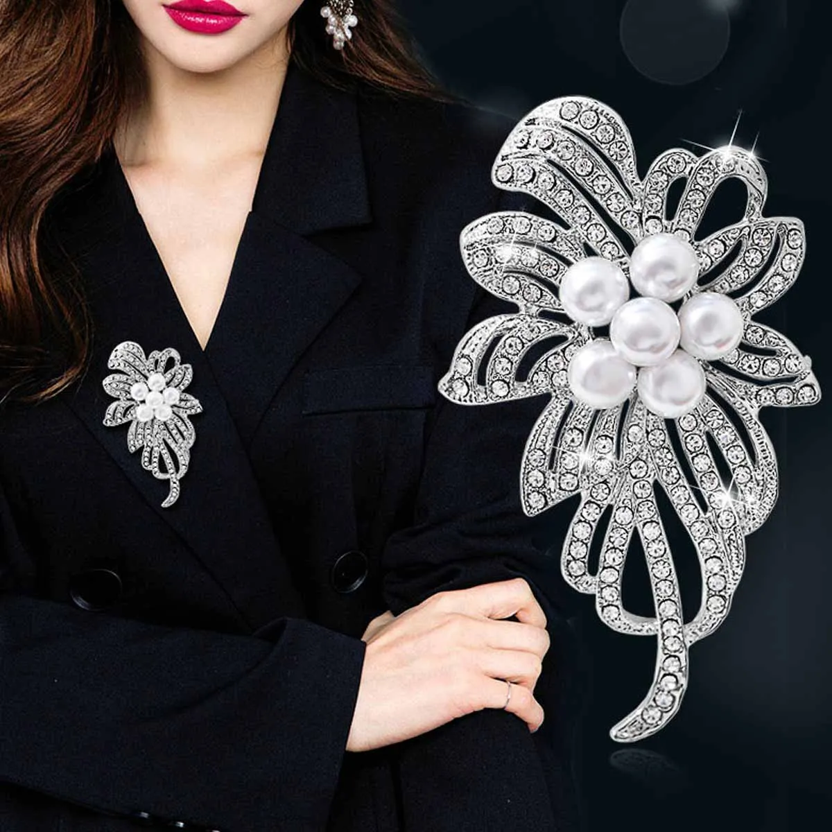 Fashionable, atmospheric, elegant, Korean style lapel pin for women's cardigan with floral scarf accessory; pin button closure