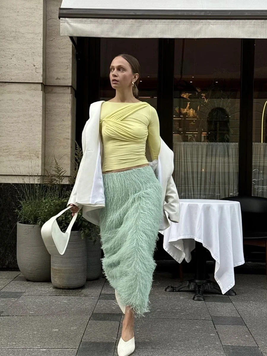 LIMO Women Shaggy Fringe Midi Skirt High Waist Mint Green Fluffy Tassel Casual Skirt