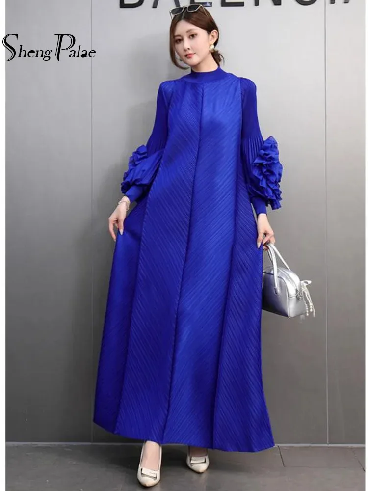 SHENGPALAE Pleated 3D Flowers Long Dresses For Women Stand Collar Solid Color Evening Party New 2025 Spring Female Dress 5G363