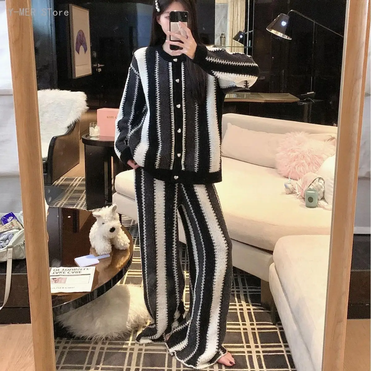 Women European Style Half Sided Fleece Pajama Set Loose Round Neck Open Front Simple Soft Warm Casual Loungewear Sleepwear Suit