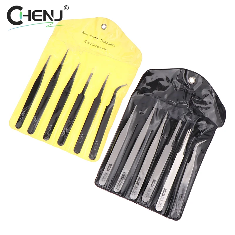 6Pcs/set Stainless Steel Tweezers Repair Tool Industrial Precision Bent Straight Tweezers Repair Props DIY Accessories