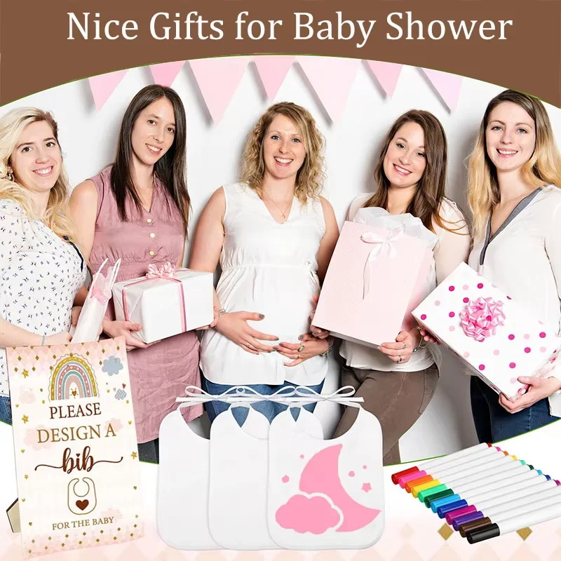 6-30Sets Baby Shower Games Bibs Bodysuits White Newborn Bibs for Gender Reveal Party Supplies with Fabric Colorful  DIY Markers - view 2