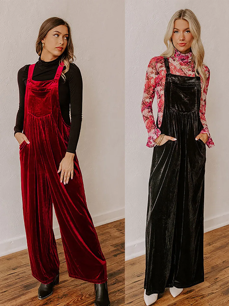 

Женский брючный костюм-комбинезон из вельвета с широкими штанинами и поясом, длинные брюки, весна 2026