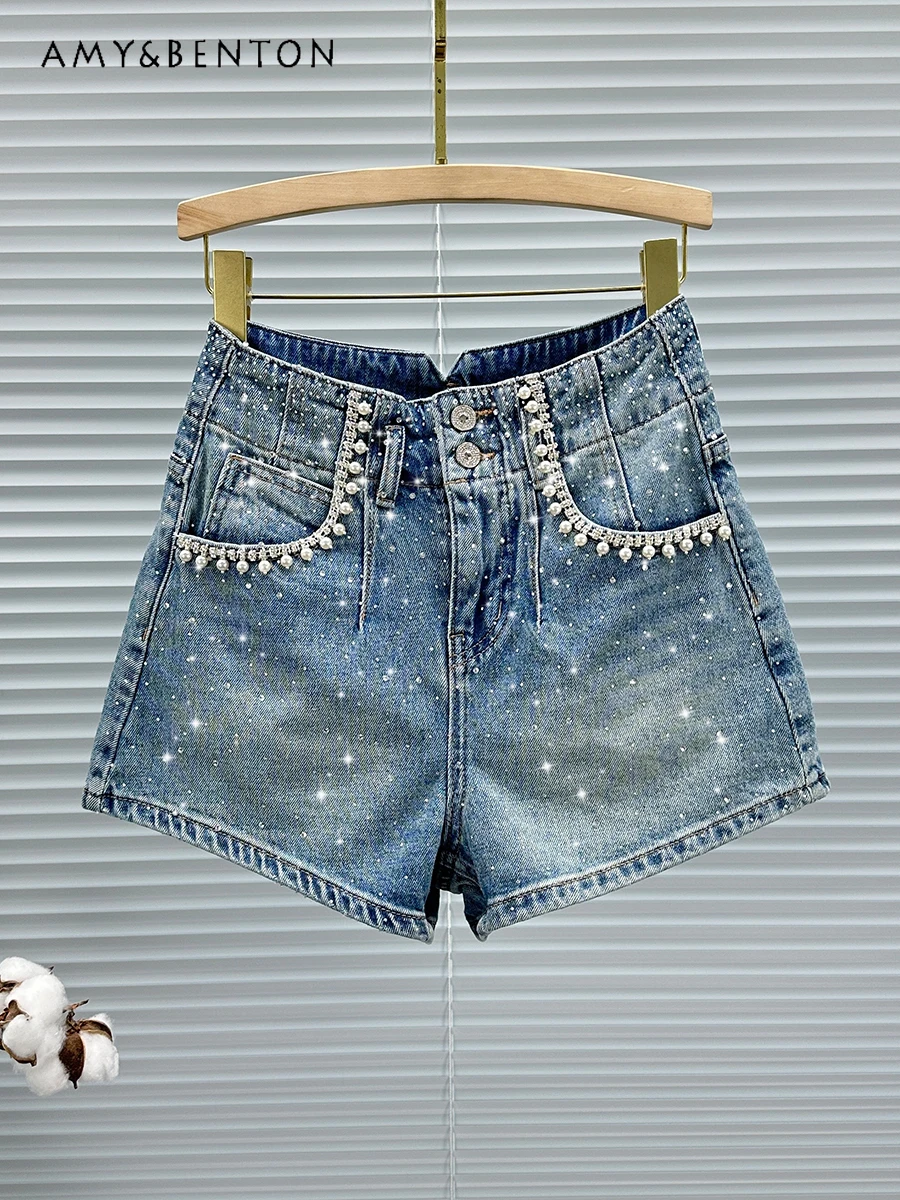 

European Goods Beaded Shorts for Women 2024 Summer New High Waist All-Match Rhinestone Wide-Leg Pants Hot Girl Jean Shorts