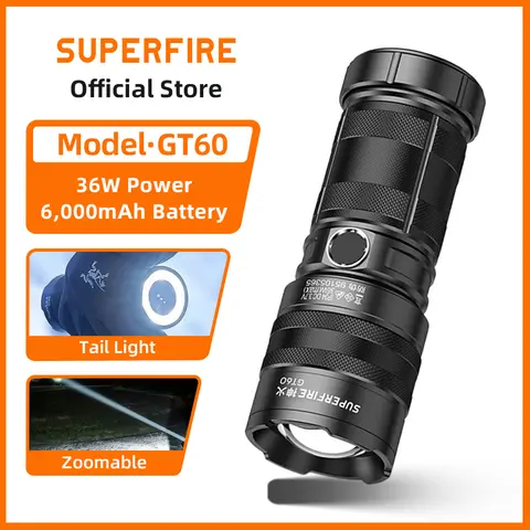 SUPERFIRE GT60 xhp90 3000lm LED Flashlight with Taillight Zoom USB-C Chargeable Lantern Built in 6000mAh Battery Camping Torch