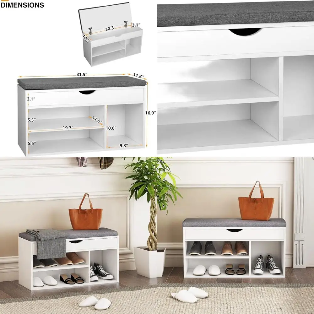 

White Storage Shoe Bench for Entryway with Gray Accents