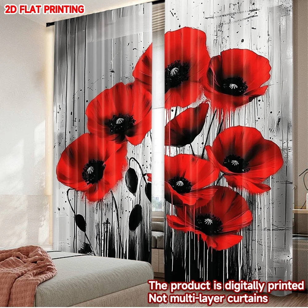 Rideaux de fenêtre à impression 2D, 2 pièces, motif coquelicots rouges commémoratifs, imprimés numériquement, en polyester, rideaux festifs parfaits