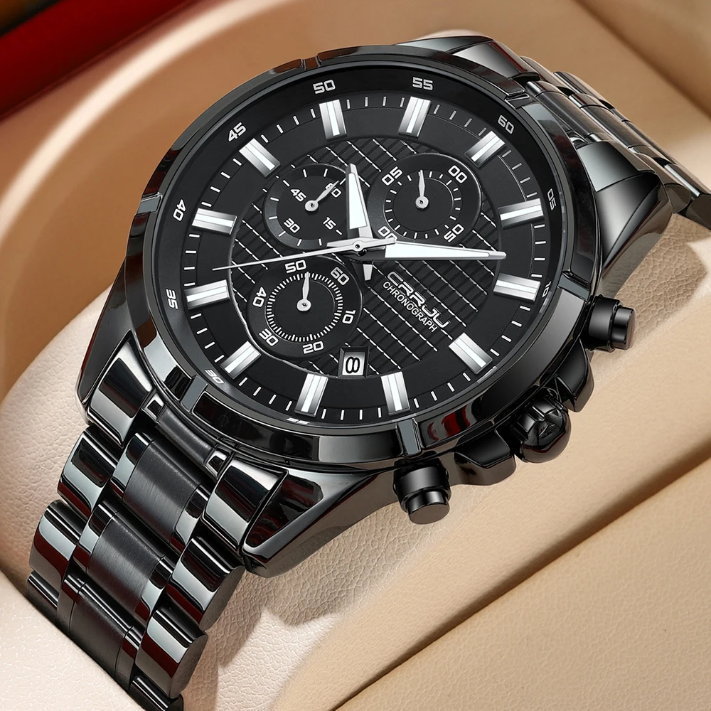 CRRJU Fashion Business Mens Watches with Stainless Steel Waterproof Chronograph Quartz Watch for Men, Auto Date