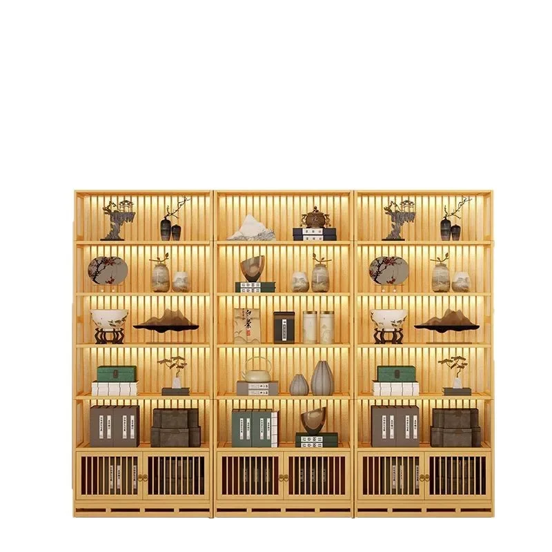 Log color Bogu rack back strip display cabinet tea rack tea room background wall Wenwan rack Duobao Pavilion cabinet