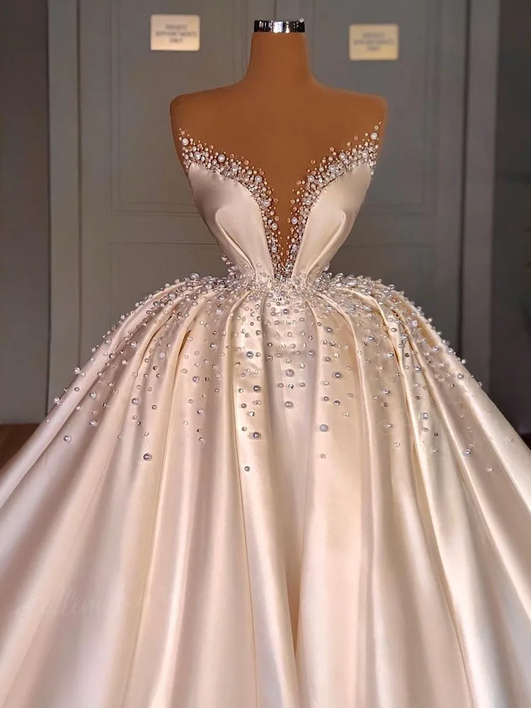 Dubai Luxury Pearls A-line Wedding Dress Detachable Long Sleeves Floor Length Princess Bridal Gown Vestido De Novia