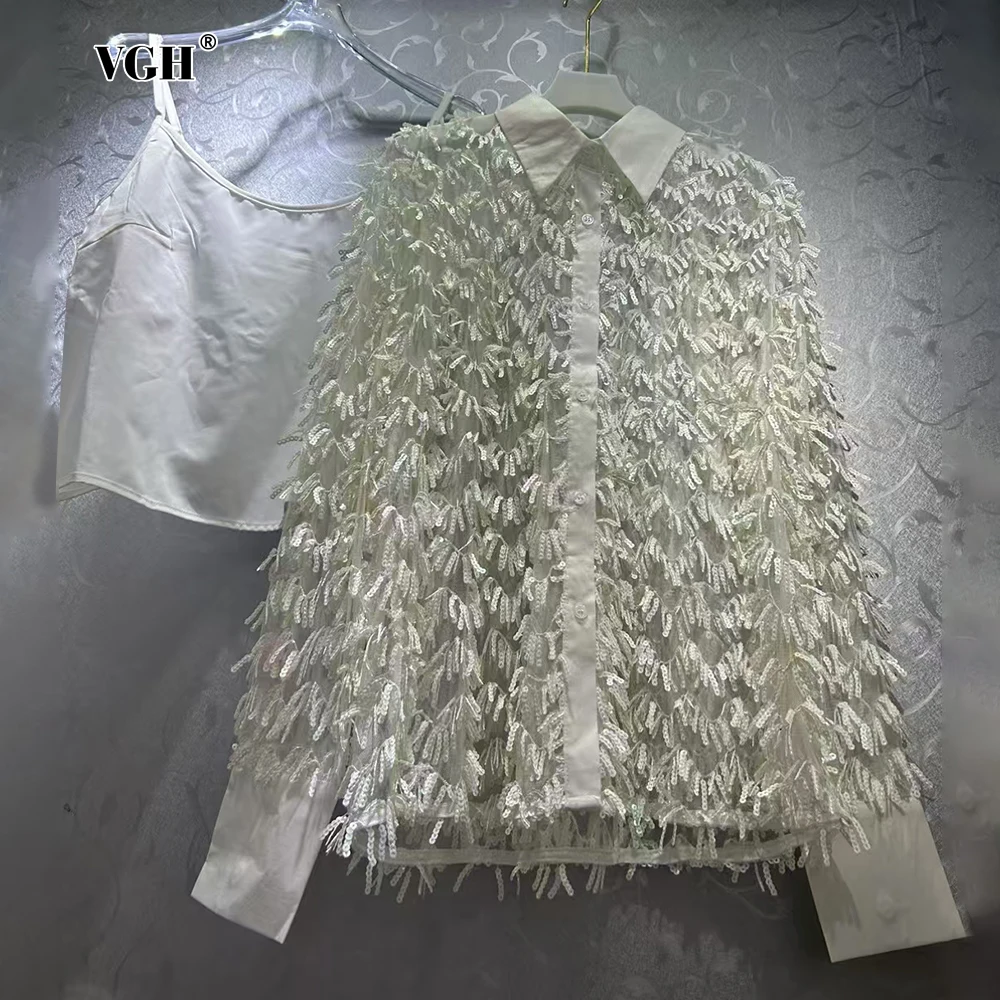 

VGH Patchwork Sequins Tassel Bloses For Women Lapel Long Sleeve Spliced Single Breasted Sheer Design Shirts With Camisole Female