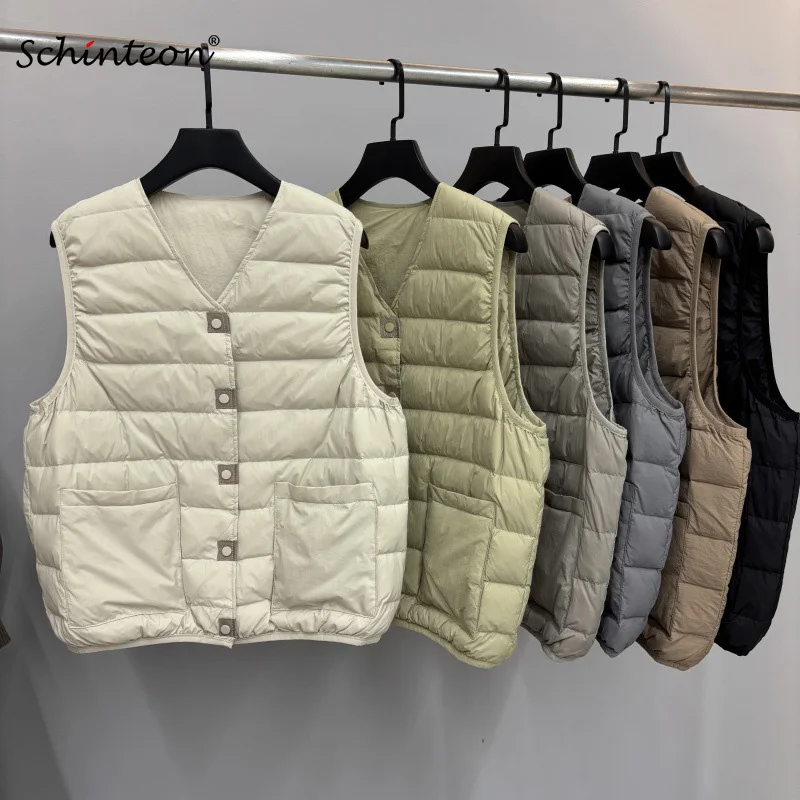 

Schinteon Women's Light White Duck Down Vest Autumn Winter Warm V-neck Sleeveless Casual Short Vintage Jacket 2026 New Top