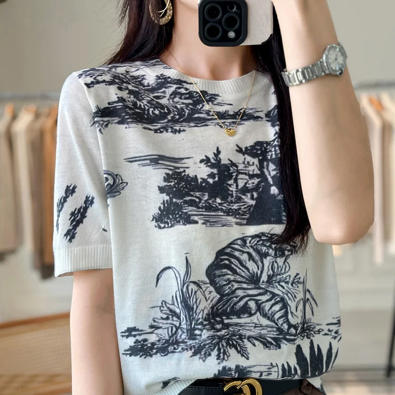 Summer New Knitted Short-Sleeved Women's Round Neck Printed Loose Foreign Style Luxury High-Quality Design Knitted T-Shirt Top