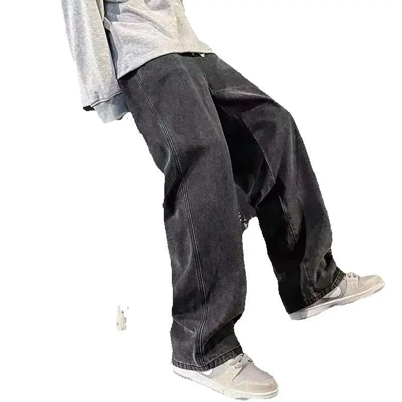 

Новинка весны 2024, уличная одежда, мешковатые джинсы, мужские корейские модные свободные прямые широкие брюки, мужская брендовая одежда, черный, голубой