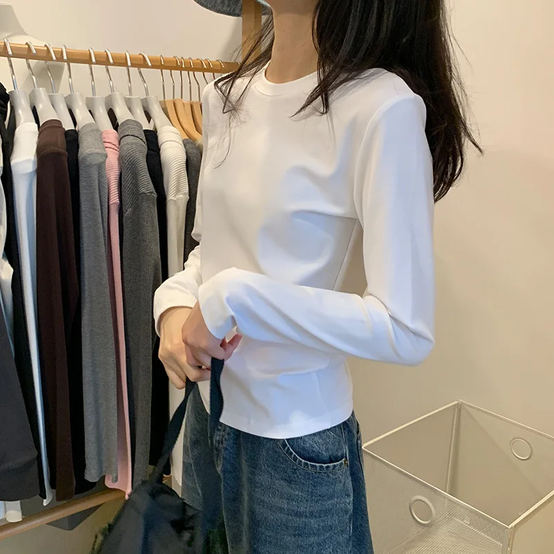 

White T-Shirt For Women, Regular Shoulder, Long Sleeve, Autumn Base Layer, European Style, Slim Fit Top, Loose Fit,