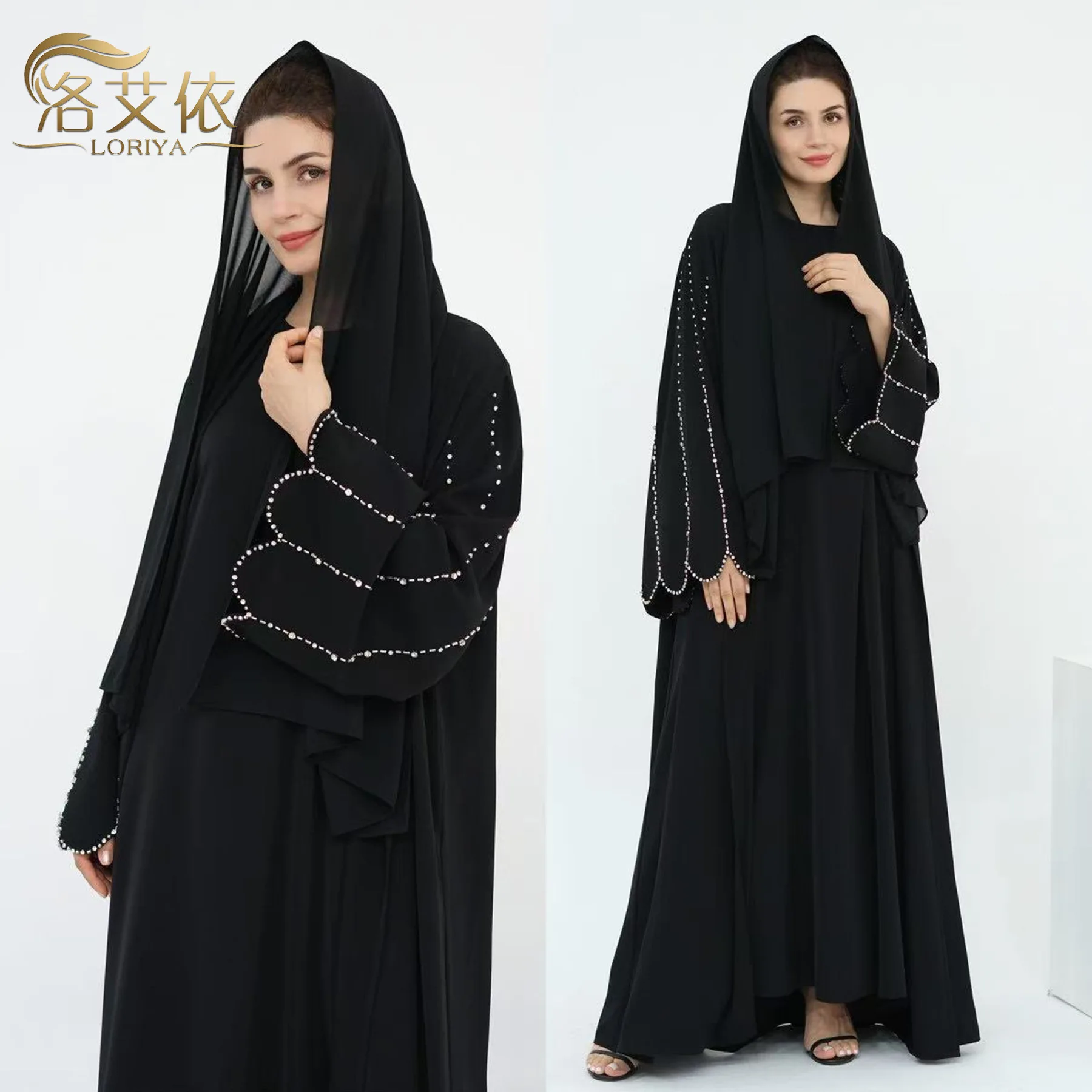 Eid Women Abaya Diamond Beading Sleeve Cardigan Dress Muslim Jalabiya Ramadan Islam Party Arab Long Robe Morocco Dubai Kaftan