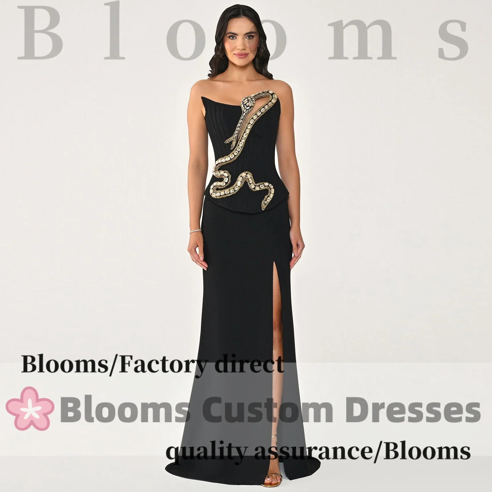 

Customized Black Strapless Formal Evening Dresses Prom Gown Snake Crystal Detail High Slit Mermaid Elegant Party Dresses 2026
