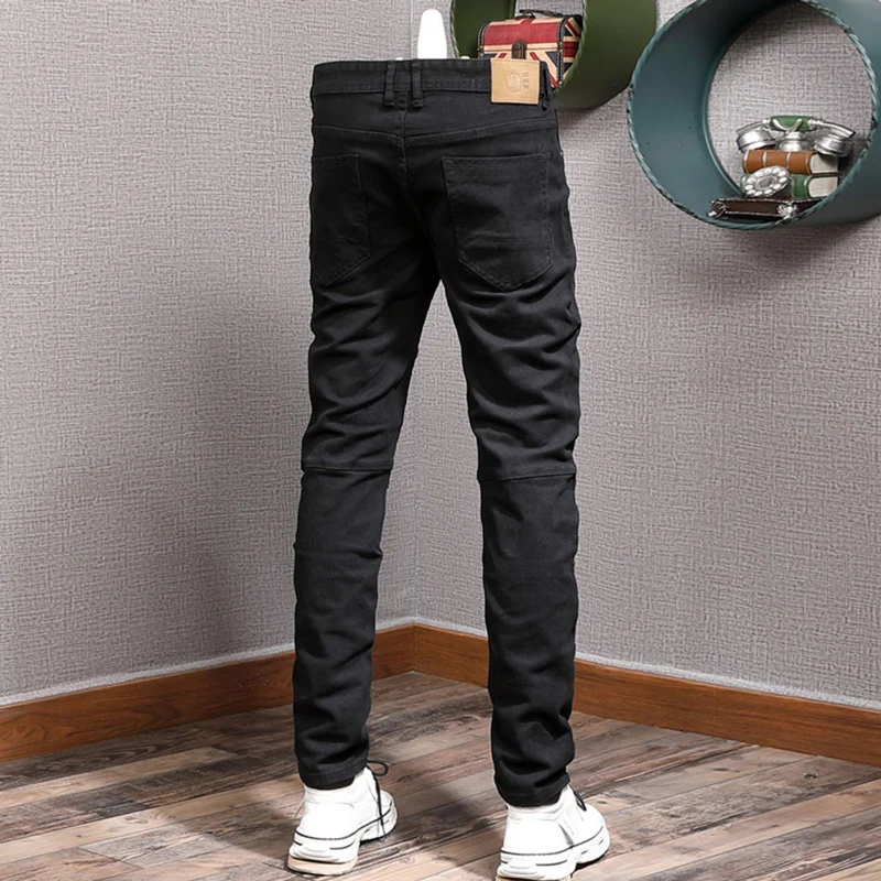 Fashion Designer Men Jeans High Quality Black Stretch Slim Fit Vintage Jeans Zipper Spliced Hip Hop Y2K Casual Denim Pants Homme