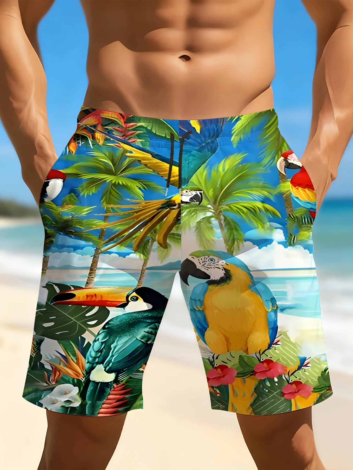 

Mens Tropical Parrot Palm Leaf Print Quick Dry Board Shorts Elastic Drawstring Swim Trunks Summer Beach Casual Outfit