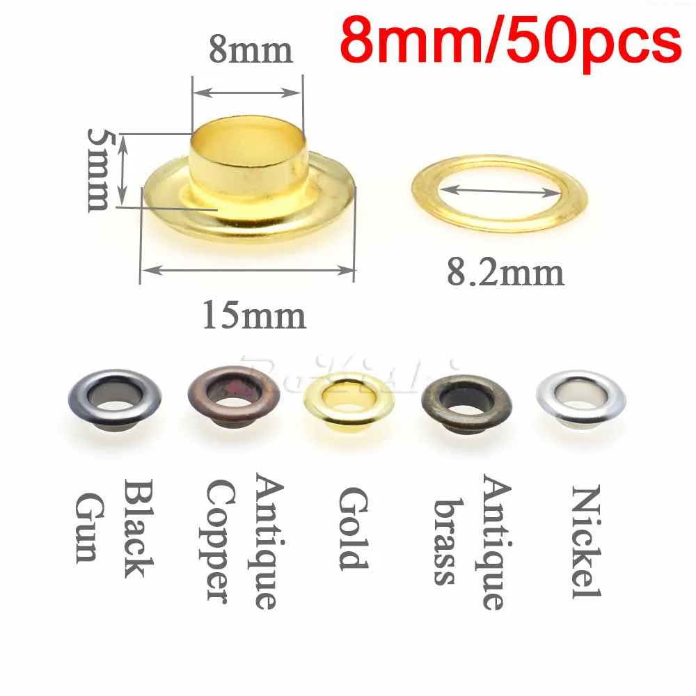 50pcs/pack Metal Eyelets Grommets 6MM 8MM for Leather Craft DIY Scrapbooking Shoes Fashion Practical Accessories