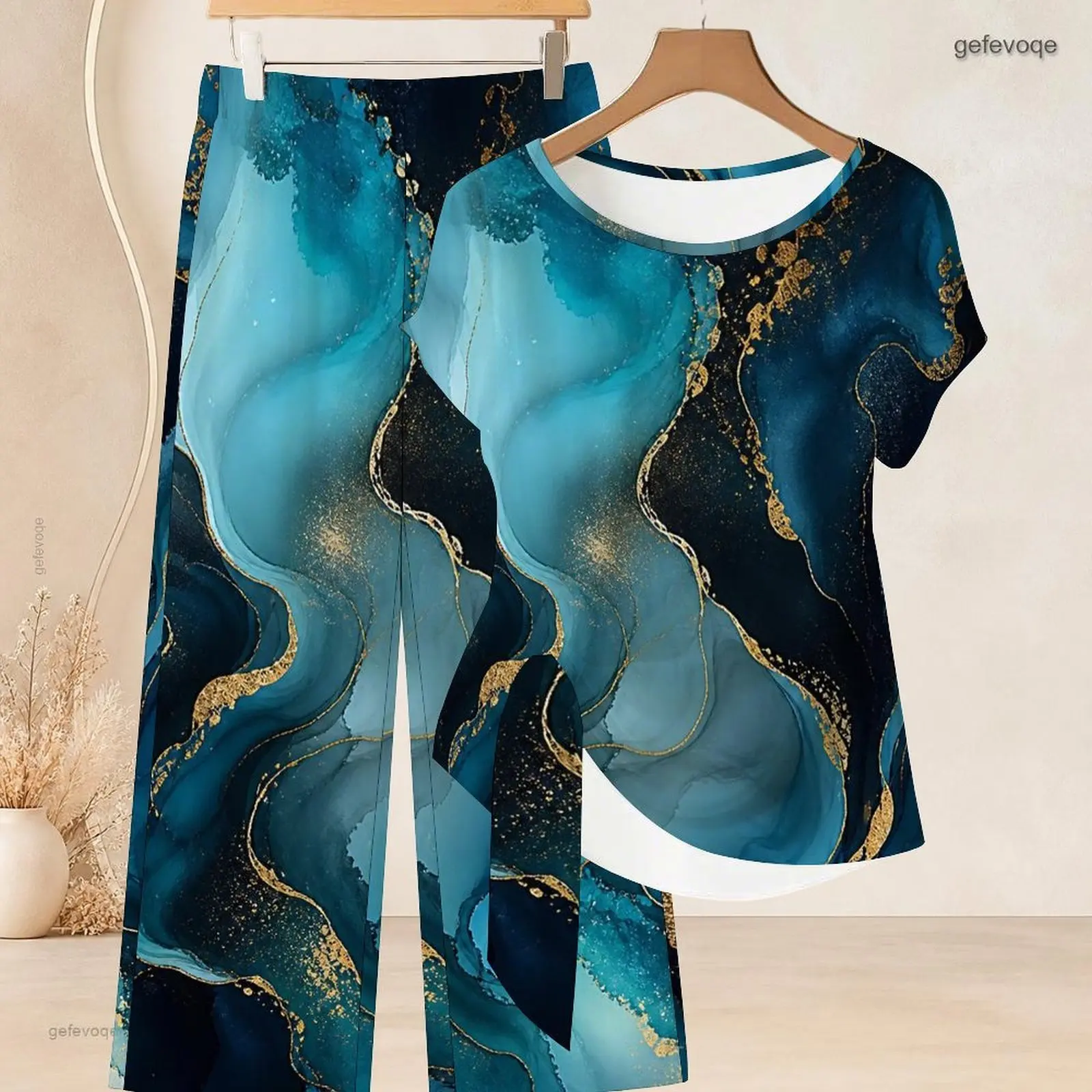 Women Pants Set with Print Round Neck Short Sleeve Knot Hem Top Long Pants Two Piece