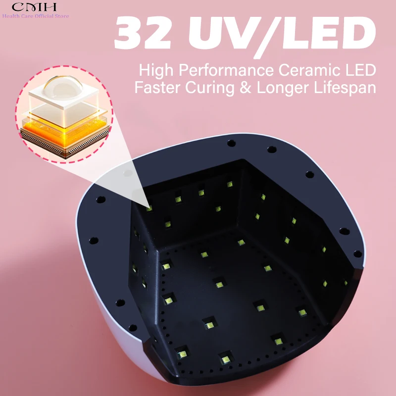 UV LED Nail Lamp 32 Beads Smart Sensor 4 Timers Removable Base Fast Charging Nail Dryer for Gel Polish Large Space Nail Art Tool