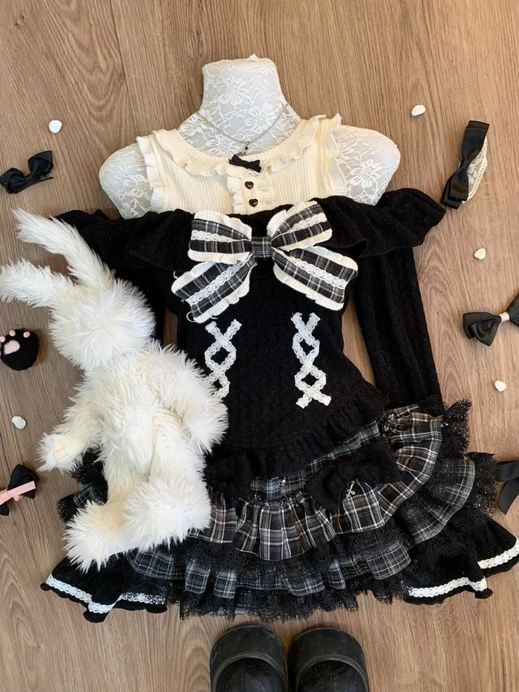 New Winter Japanese Subculture Sweet 2 Piece Set Women Cute Bow Y2k Long Sleeve Tops + Cake Skirts Harajuku Casual 2000s Outfits image 2