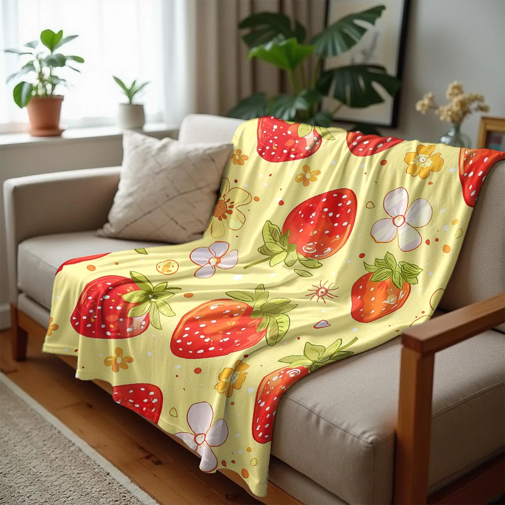 Strawberry Ditsy on Yellow Cartoon Anime Print Flannel Blanket Soft Warm Throw for Kids Bedroom Sofa Bed Christmas Office Car