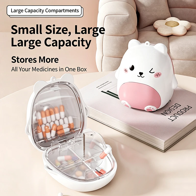 2Pcs White Pink Smiley Bear Pill Organizer, Large Capacity Storage Case for Jewelry, Earrings, Fish Oil Capsules Accessories