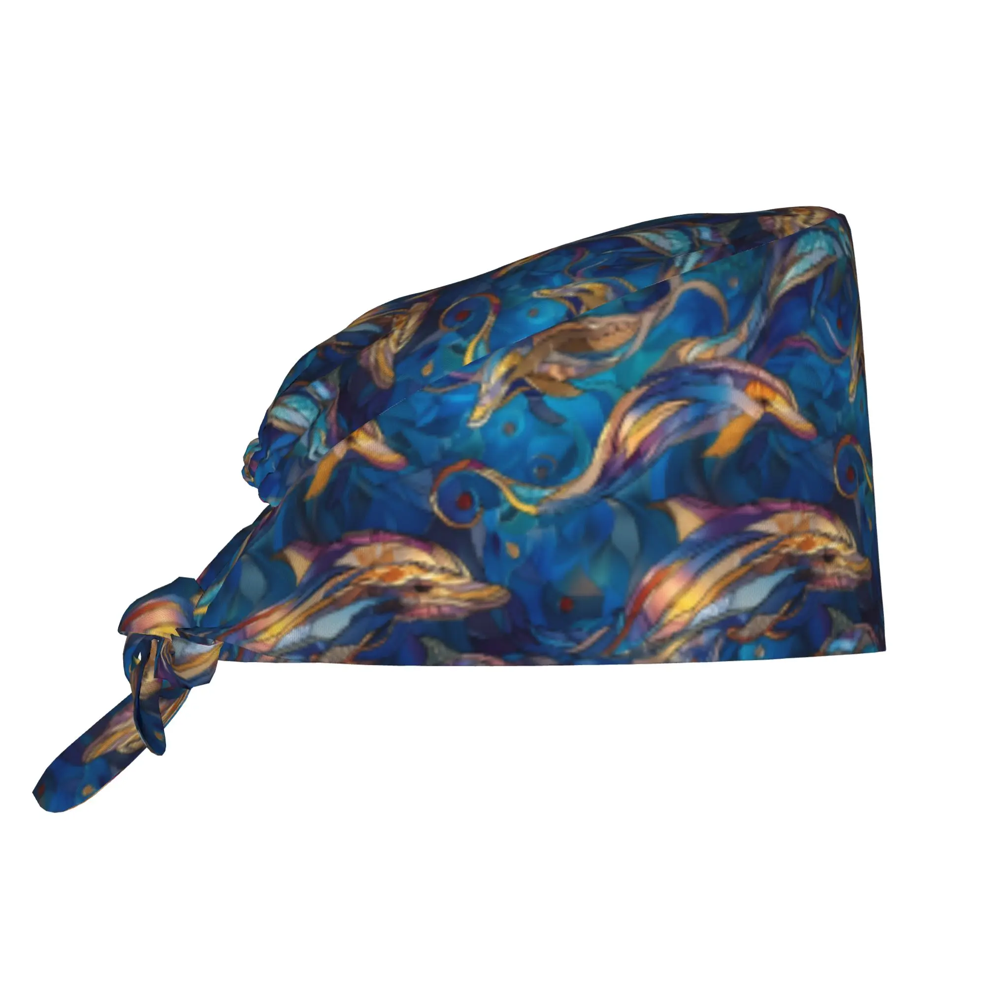 Stained Glass Magical Dolphins Breathable Scrub Hat Surgical Scrub Caps Unisex Nurse Medical Cap Funny Work Scrubs Hat for