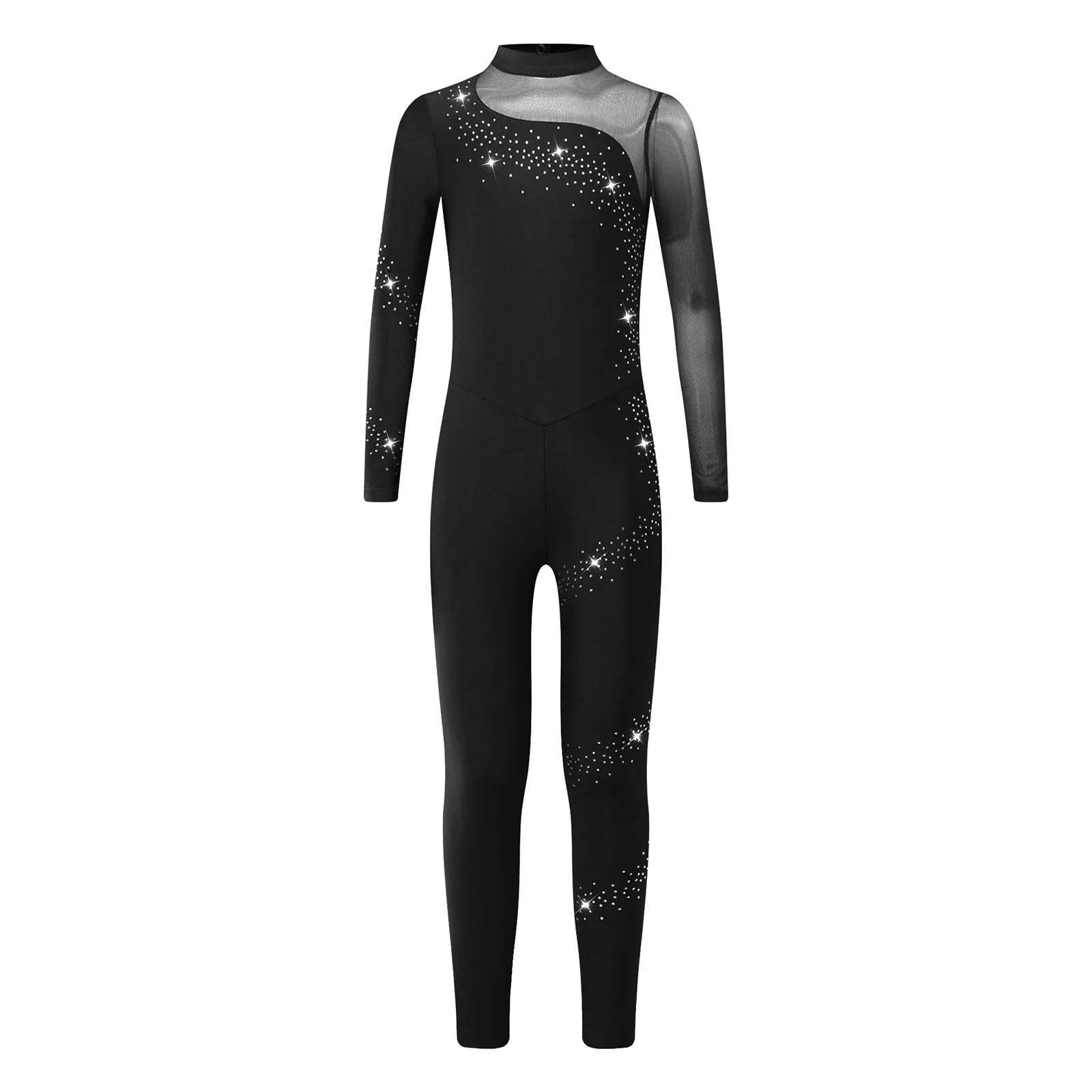 Kid Girls Figure Dance Leotard Jersey Skating Shiny Rhinestone Gymnastics Jumpsuit Sheer Mesh Long Sleeve Bodysuit Dance Costume