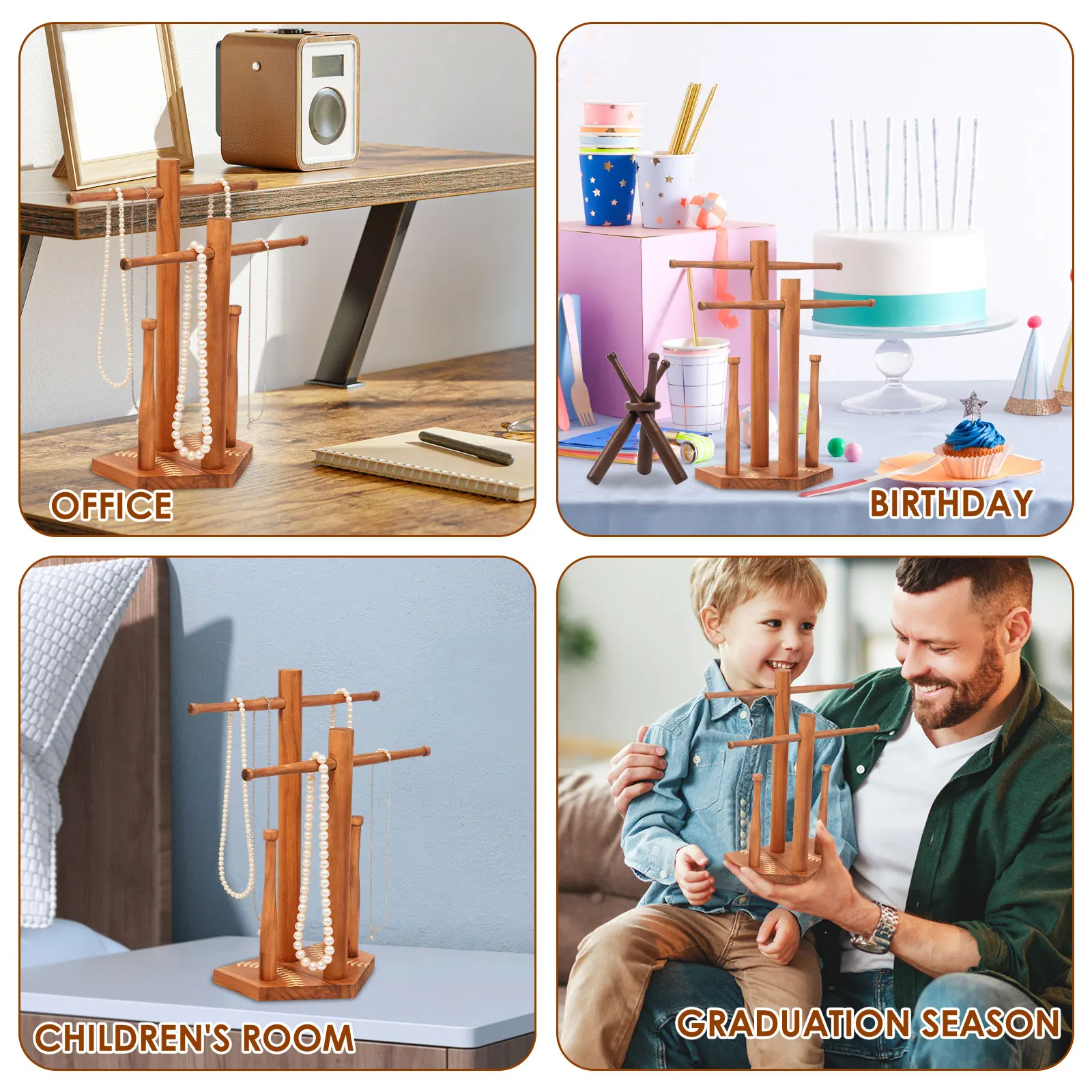 Wood Baseball Softball Drip Necklace Holder Championship Ring Display Stand with Baseball Stand for Player Fan Present for Boy
