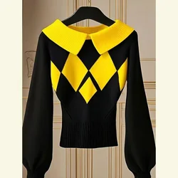 Autumn Winter New Chic Knitted Sweater 2025 Women's Outer Wear High-End Western Unique Slim Color-matching Rhombic Knitwear Tops