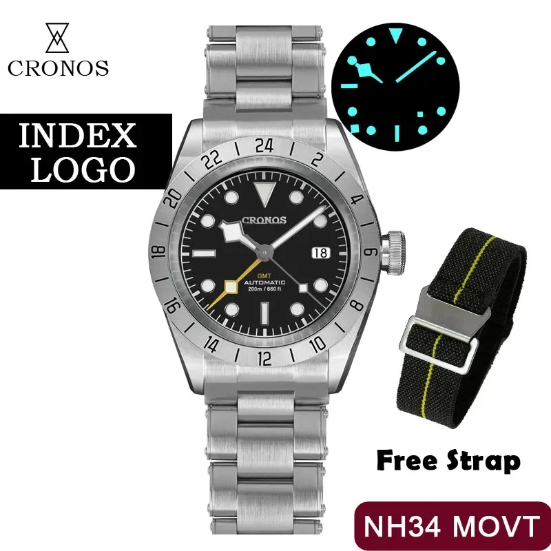 Cronos L6022M Vintage GMT 39mm NH34 Automatic Men Watch Mechanical Sapphire Glass Date Window BGW9 LUM Leather Strap Bracelet