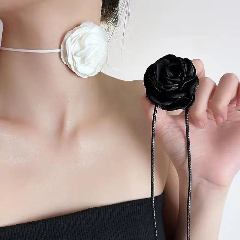 

Romantic Gothic Black Rose Necklace For Women Ladies Elegant White Camellia Flower Adjustable Choker Wedding Party Jewelry Y2K