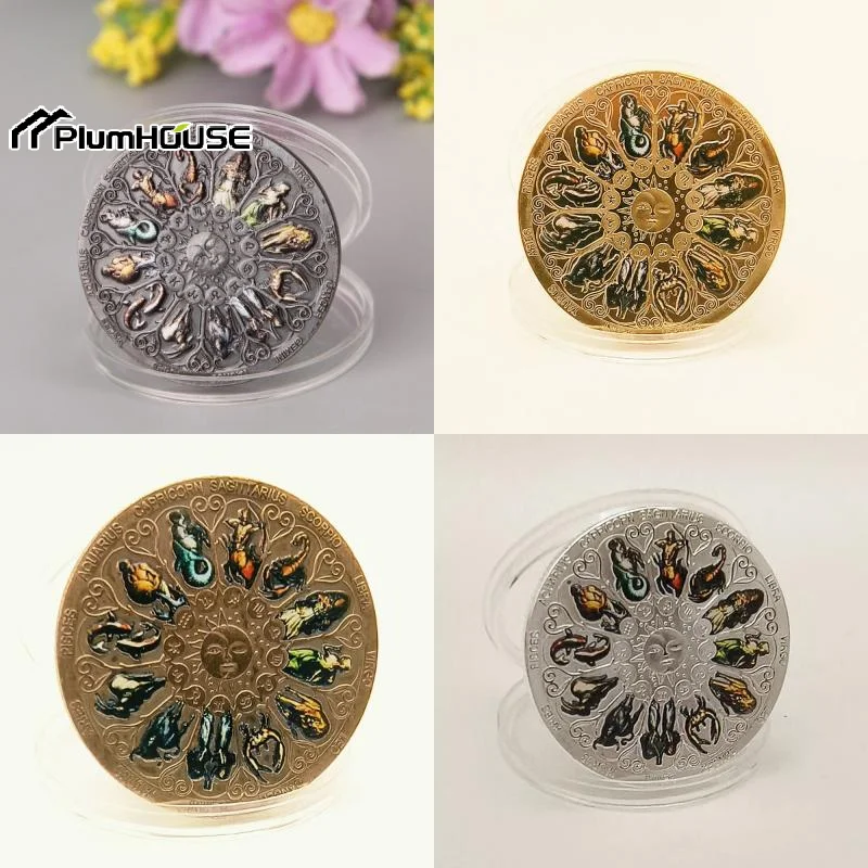1Pcs Constellation Coins Twelve Constellations Colored Souvenir Coins Lucky Goddess Guardian Coins Souvenir Badge