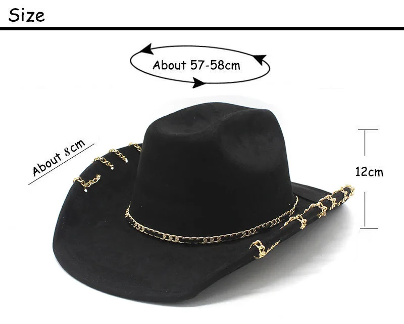 Trendiger Western-Cowboyhut für Männer und Frauen mit Metallkette, breiter Krempe, Wildleder-Visier, modische Jazz-Kappe – Detail 1