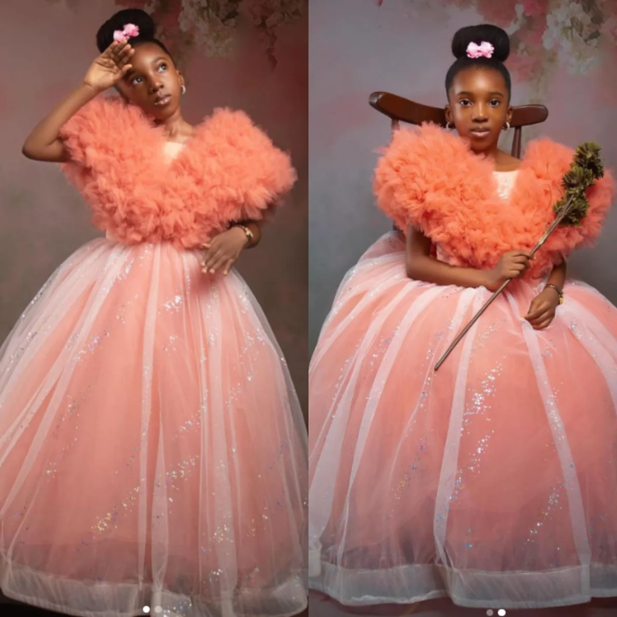 Customized Peach Pink Ruffles Flower Girl Dresses Princess Beading Baby Girls First Birthday Party Pageant Dress For Wedding