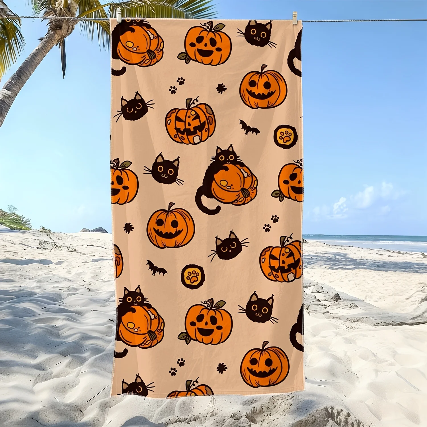 1pc, Cute Black Cat and Pumpkin Style Soft Beach Towel, Halloween Themed Printed Pattern, Microfiber Bath Towel