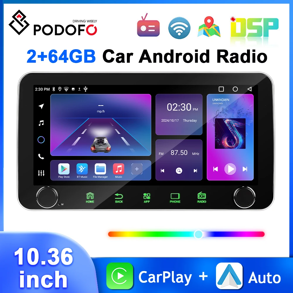 Podofo 2Din 10.36'' IPS Car Radio with Dual Knobs 2+64G Multimedia Player Carplay Android Auto WIFI GPS FM RDS 4Core Car Stereo