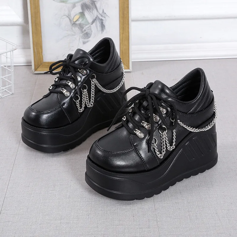 Metal Chain Punk Gothic Shoes Woman Thick Bottom High Wedge Sneakers for Women 2024 New Black Chunky Platform Y2K Uniform Shoes image 2