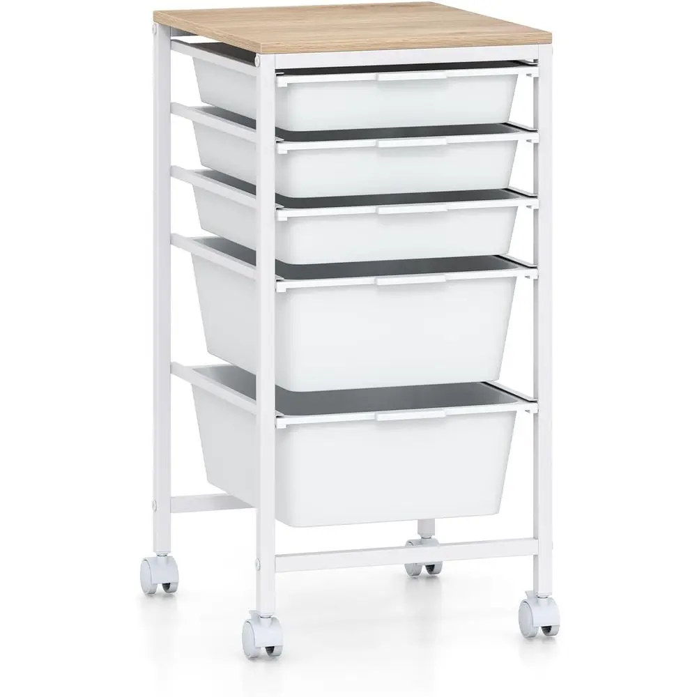 

Multipurpose Plastic Rolling Cart with Wooden Top and Locking Wheels, Ideal for Storage in Classrooms, Home, or Office (White, 5