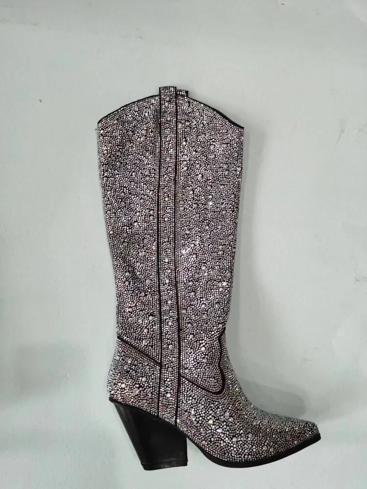 

Sheep Velvet Rhinestone Mid-Calf Boots Horseshoe Sexy Thick Heel Knight Botines Pointed Toe Slip-On Women Botas Femininas