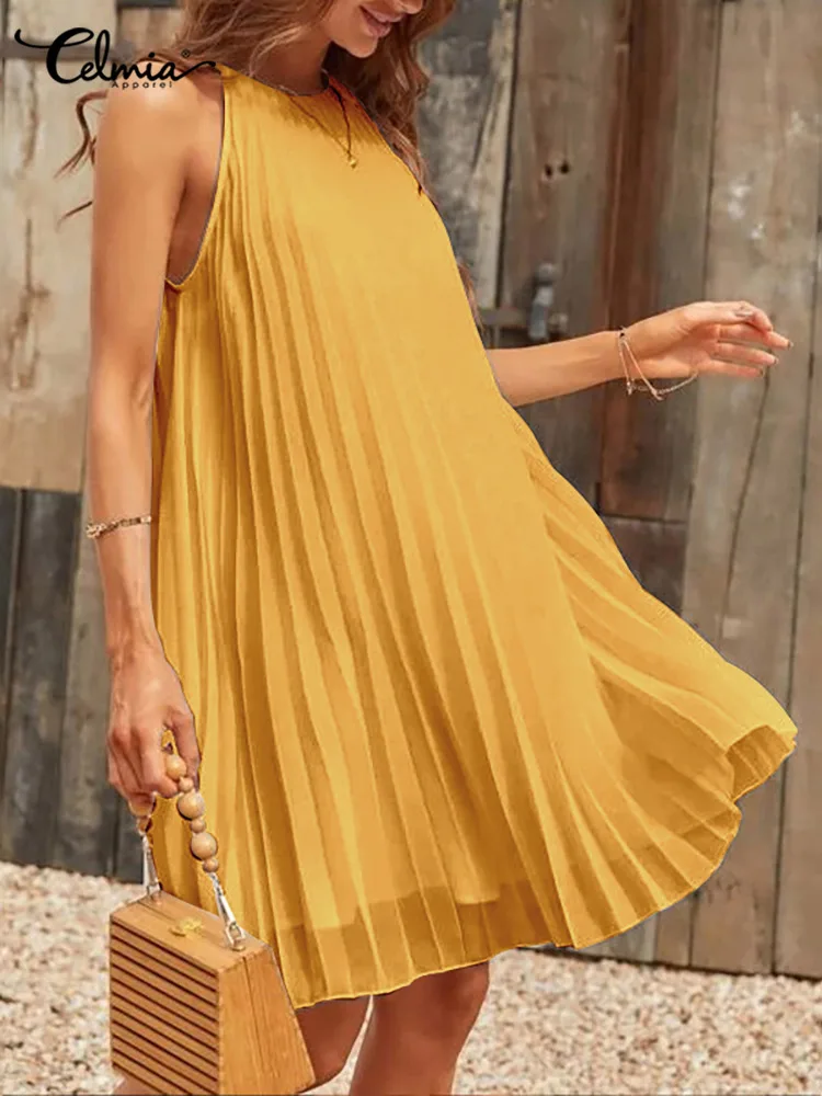 Celmia Party Oversize Dress Women Sleeveless Mini Dress Sexy Straps Pleated Sundress Summer 2023 Casual Loose O Neck Short Robes