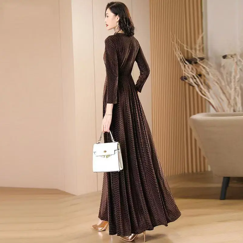 الراقية القطيفة القهوة اللون houndstooth فستان طويل الأكمام المرأة الخريف الخامس الرقبة عالية الخصر فساتين طويلة ضئيلة فستان خمر