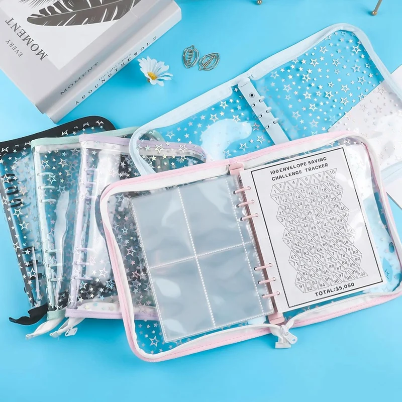 A5 Budget Binder Cover with Zipper,Glitter Stars A5 6 Ring Binder Planner,Clear PVC Refillable Notebook Shell Light Blue-SPMI