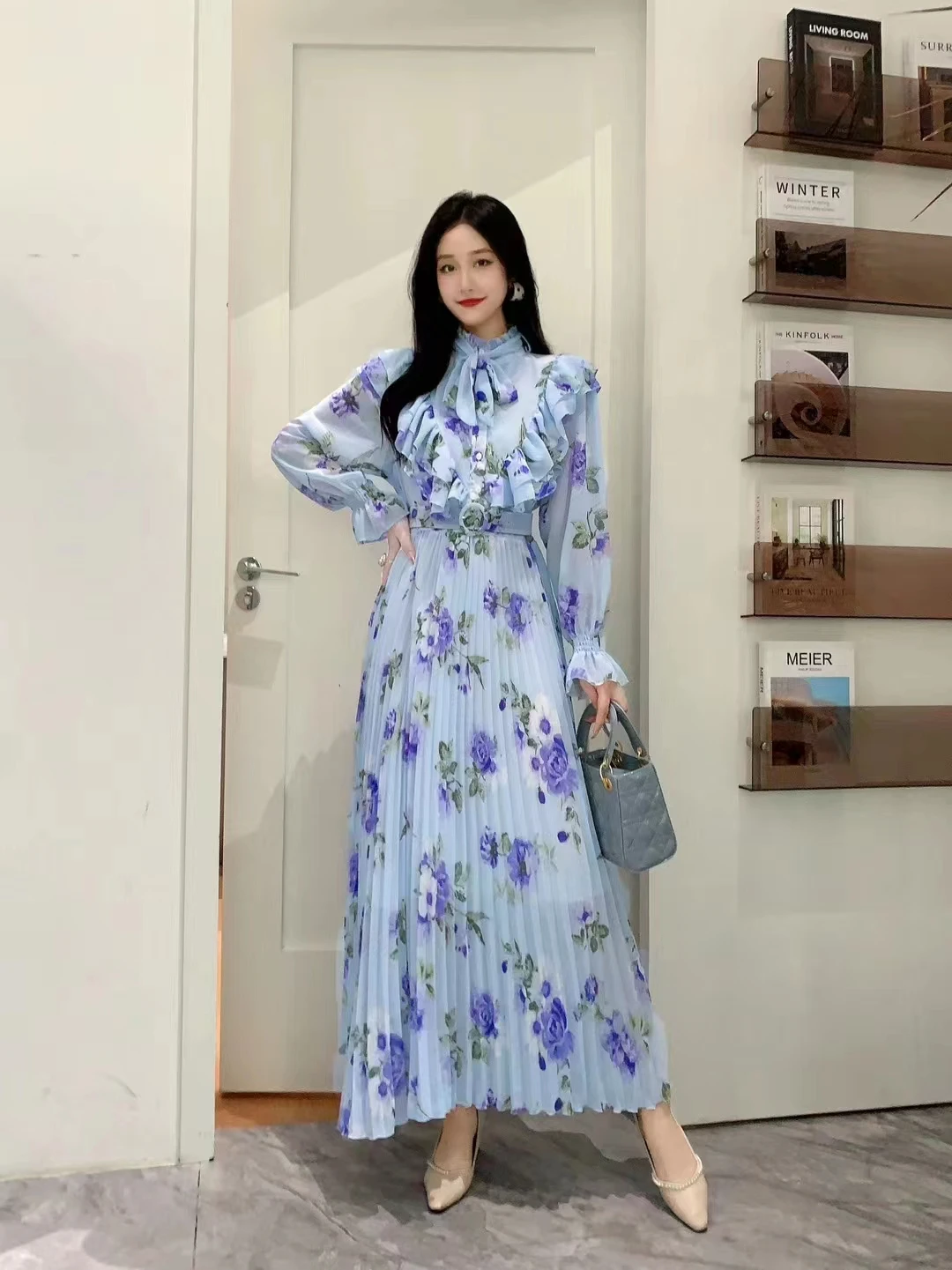 2023 New Spring Autumn Women Long Sleeve Belt Slim Long Dress Sweet Ruffles Patchwork Pleated Big Hem Chiffon Floral Dress