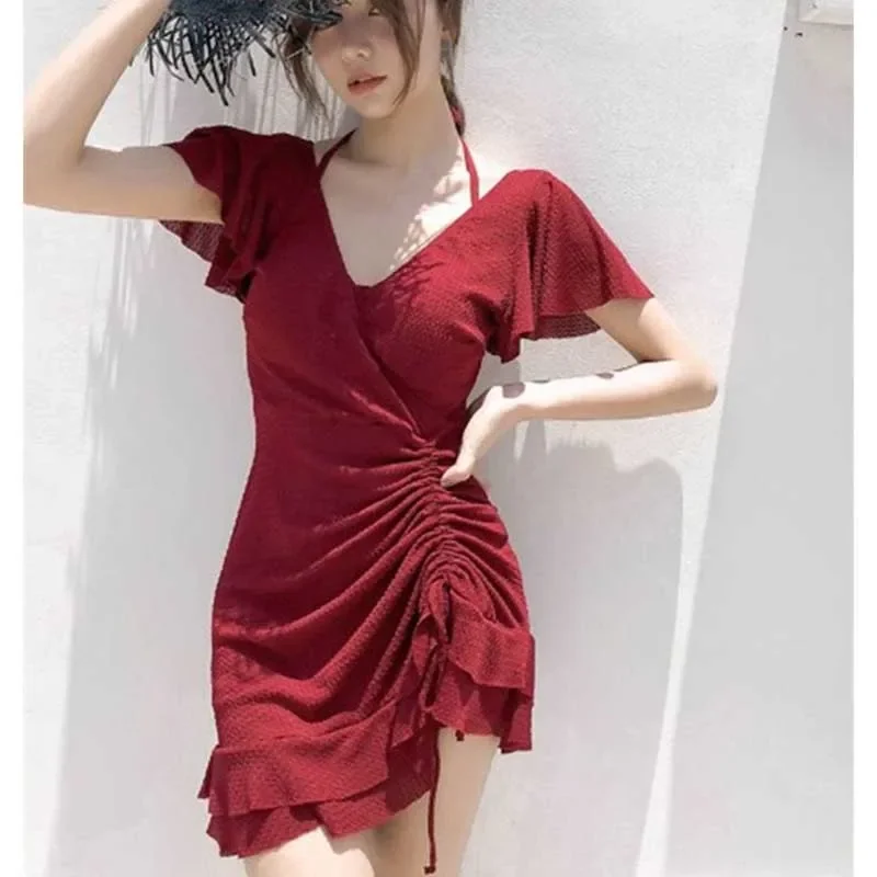 

Solid Color Shirring Lace Up Ruffles Sexy Dress Women's Clothing 2024 Spring Summer New Slim Butterfly Sleeve Mini Dress Z28