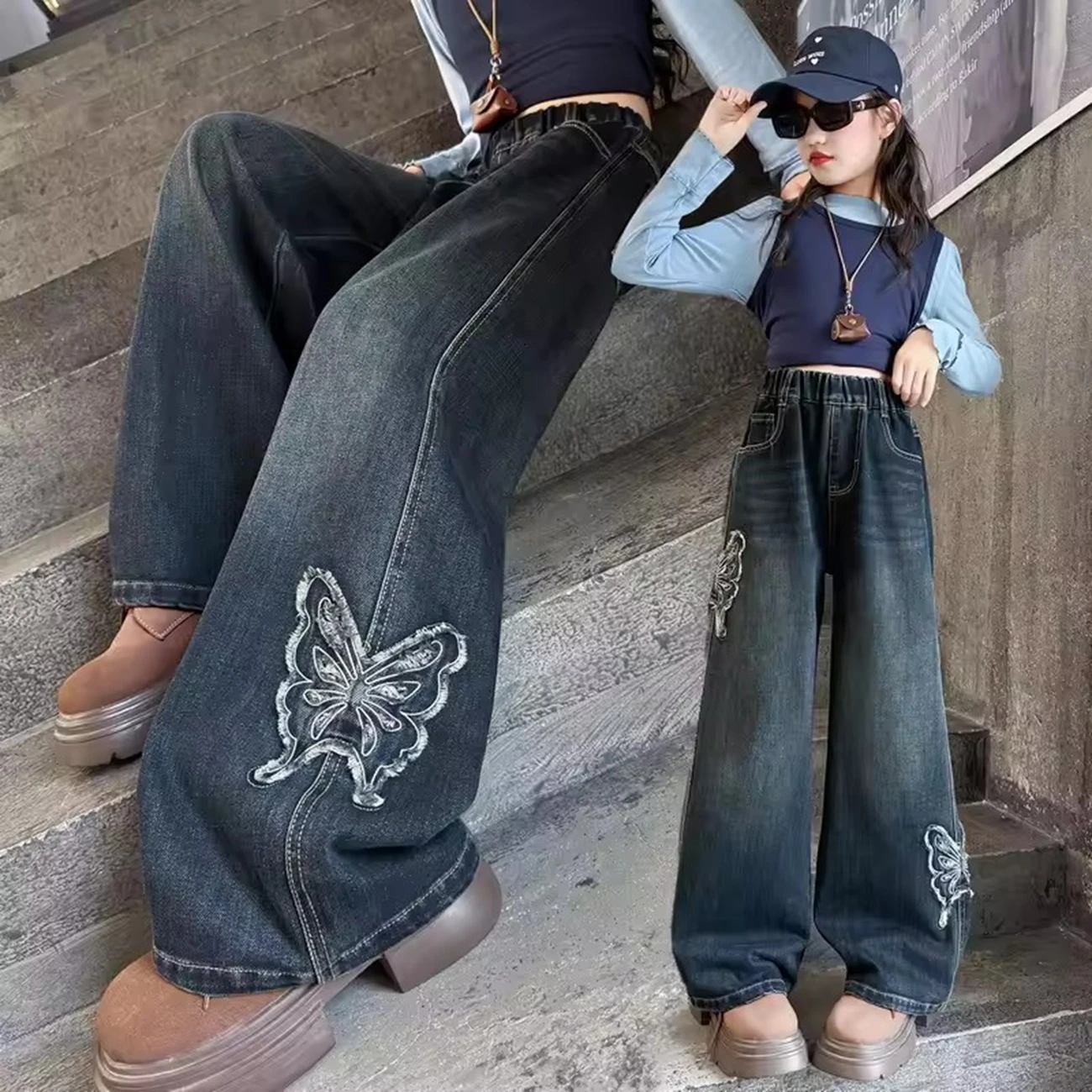 

Модные джинсы для девочек-подростков, осень 2023, новые детские свободные широкие брюки с большой бабочкой и вышивкой по бокам