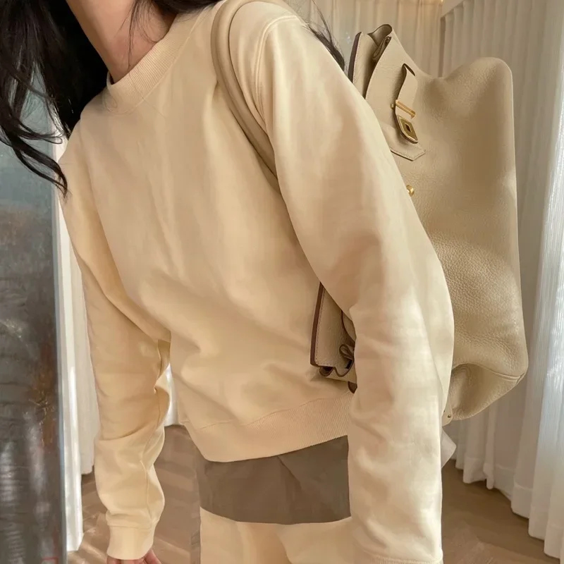 Thin Sweatshirt Cotton High Waist Pants Suit Women Clothing Nordic Style Stitching Embroidery Sports Round Neck Short Tops Sets